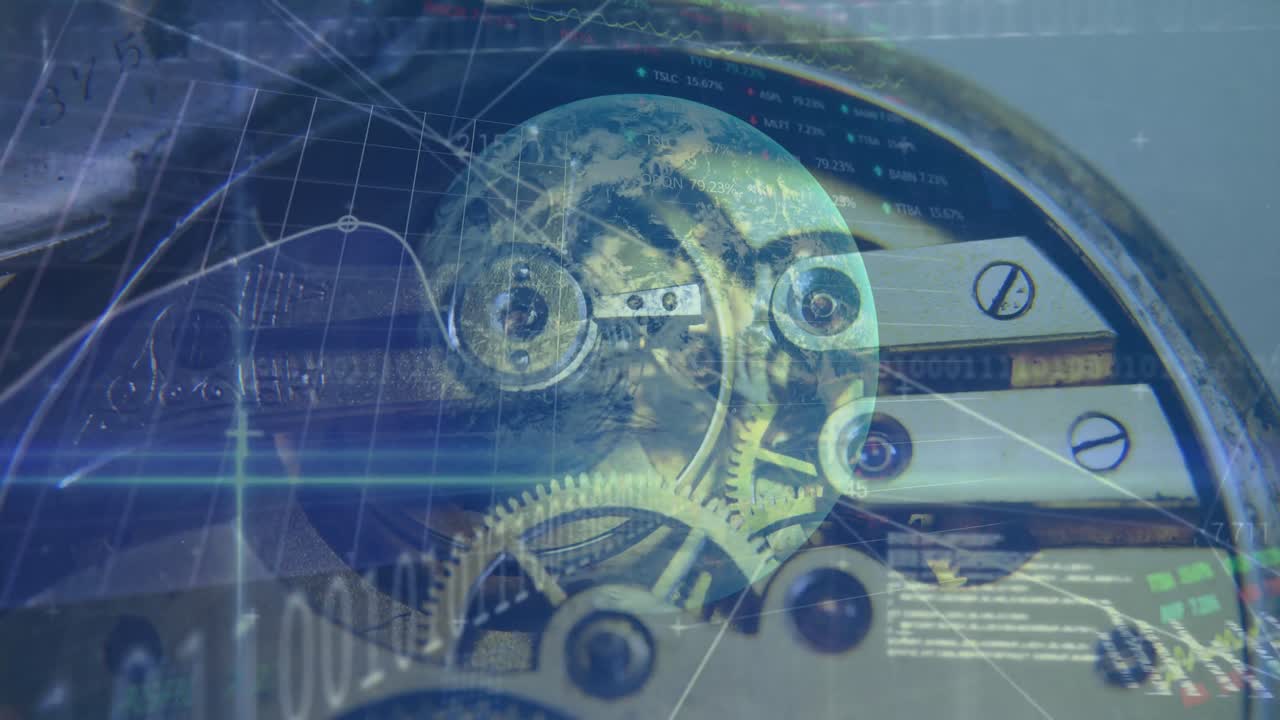 animación del procesamiento de datos financieros con un globo girando sobre las partes de la máquina