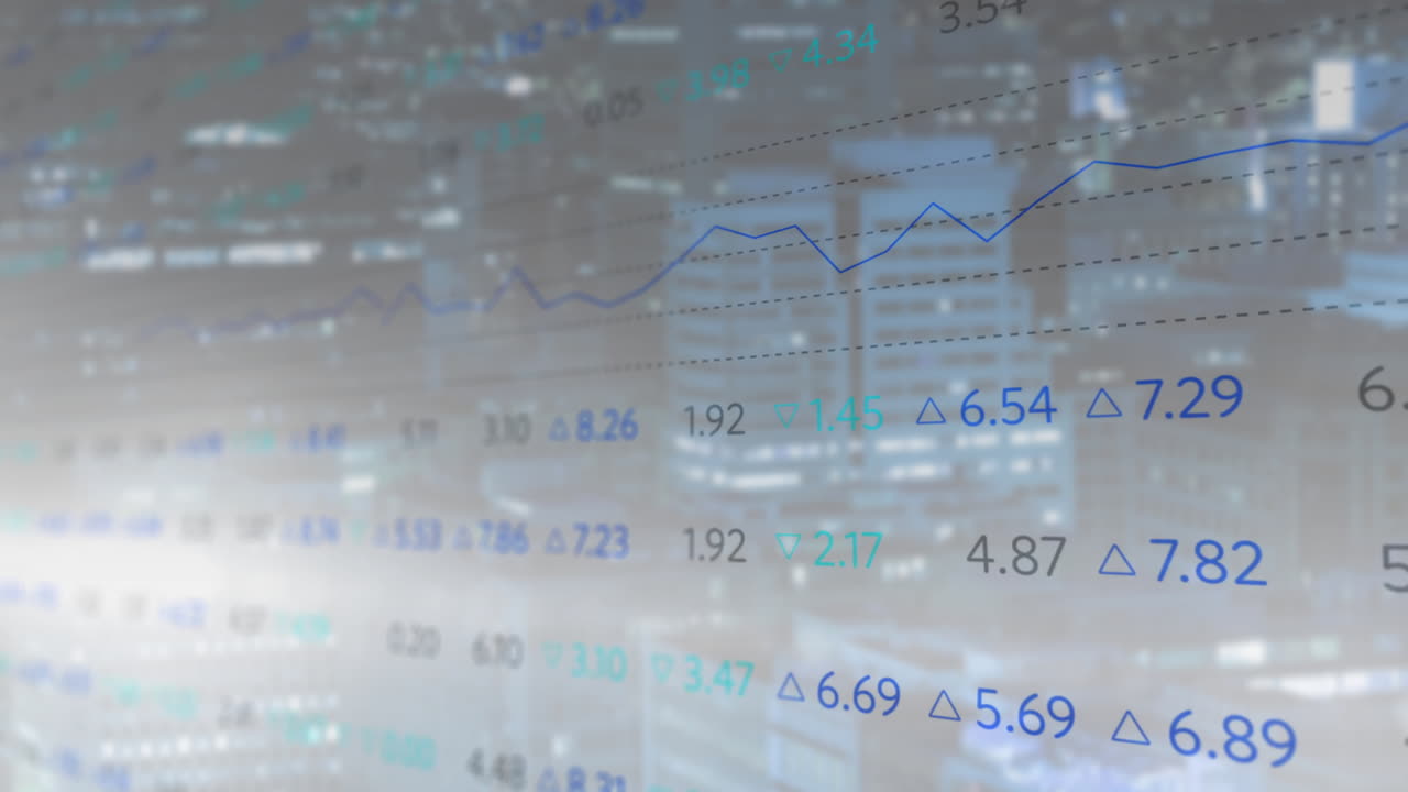 Animated illustration displaying floating numeric values with delta symbols tracing blue line chart