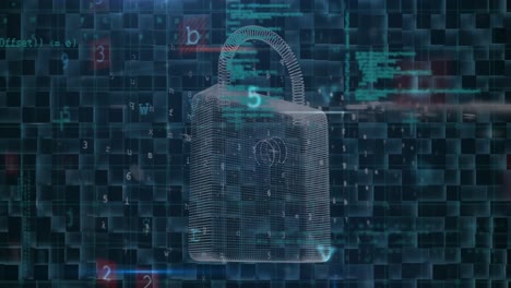 animation of security padlock over data processing on dark background