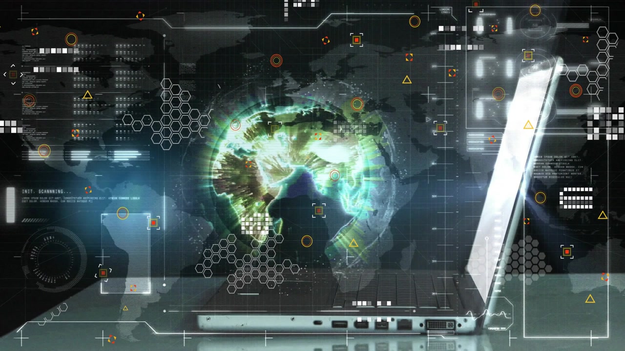 Hand entering, typing on silver laptop, causing HUD growing and 3D globe rotating showing APAC data