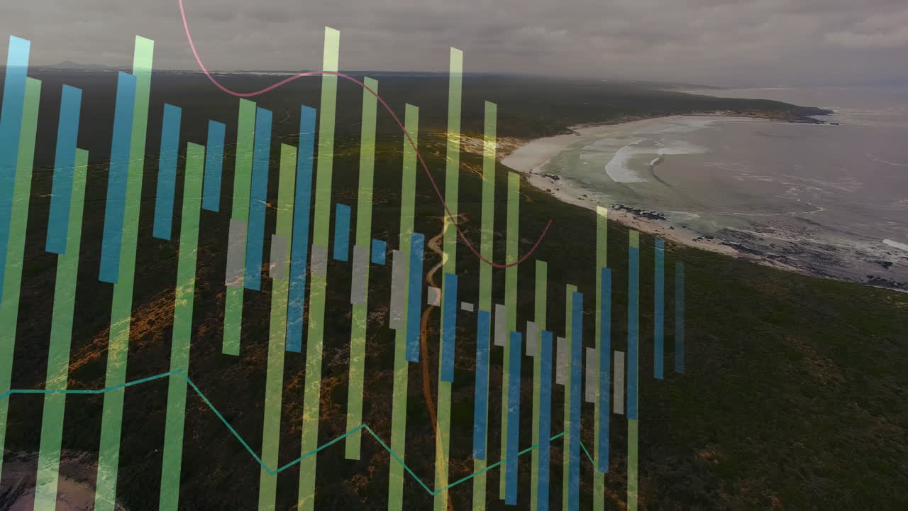 Animation of colorful data graphs overlaying aerial view of coastal forest landscape
