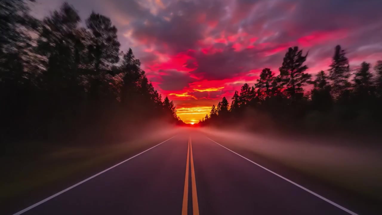 Un viaggio sereno attraverso strade nebbiose all'alba e al tramonto: catturando la transizione dal giorno alla notte con paesaggi pacifici e cieli accattivanti.
