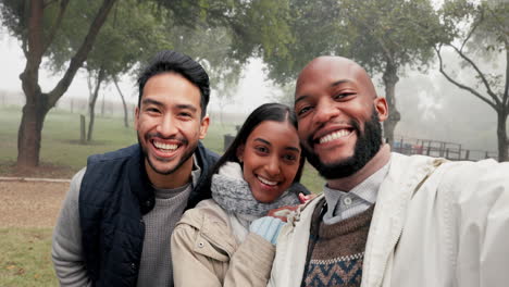 Friends,-group-selfie-and-camping-in-forest