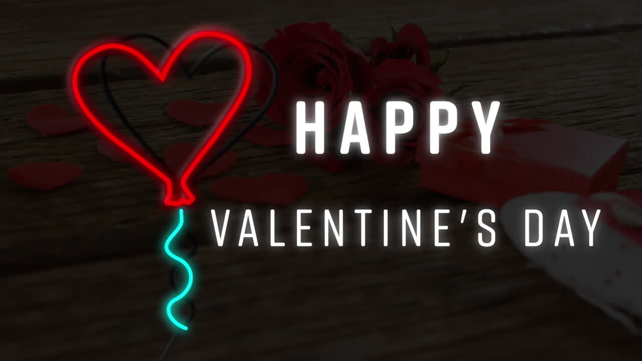 animación del texto del feliz día de san valentín con globo de corazón de neón sobre rosas