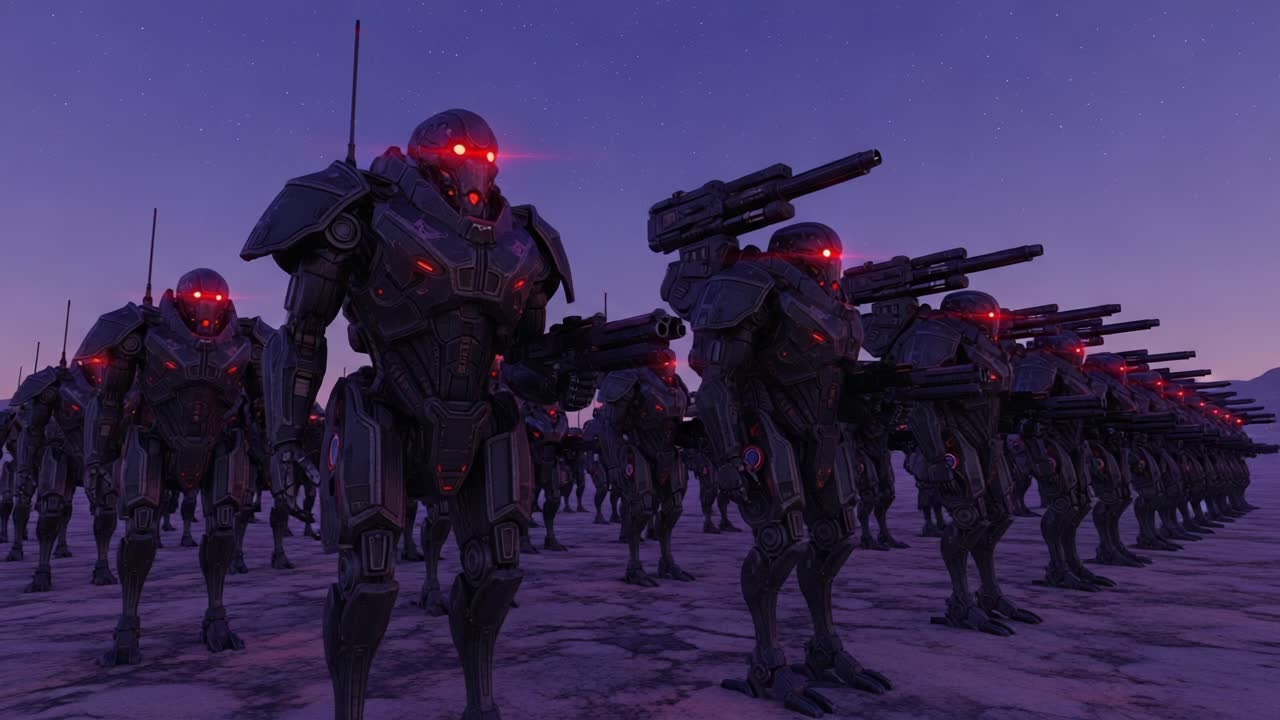 A formidable army of futuristic robotic soldiers marches across a desolate landscape, their red eyes glowing ominously as they prepare for an impending conflict