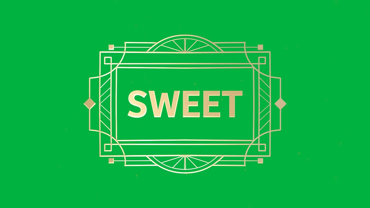 Animation of gold text mega sweet, in decorative gold frame, on orange background