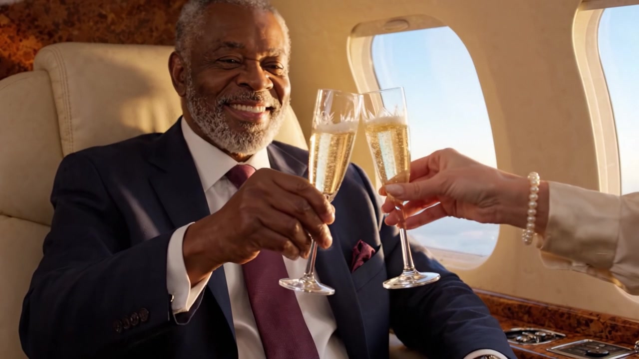 Un viaggio elegante: un signore maturo si gode un brindisi con champagne mentre si rilassa in un lussuoso jet privato con vista panoramica fuori dal finestrino