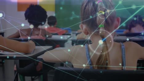 Animation of network of connections over schoolchildren siting in classroom