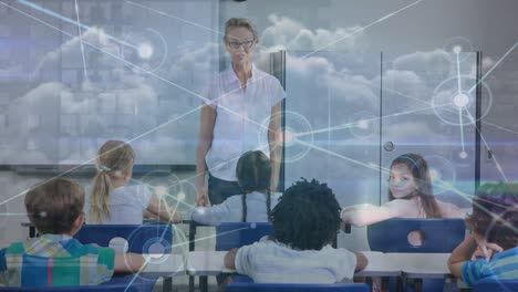 animation of network of connections over diverse schoolchildren and teacher in classroom