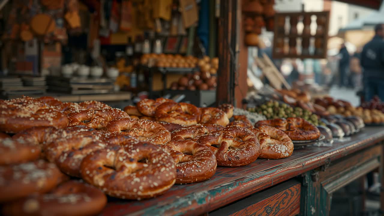 Vendor stepping behind stall adjusting trays at street market, with sesame breads on display