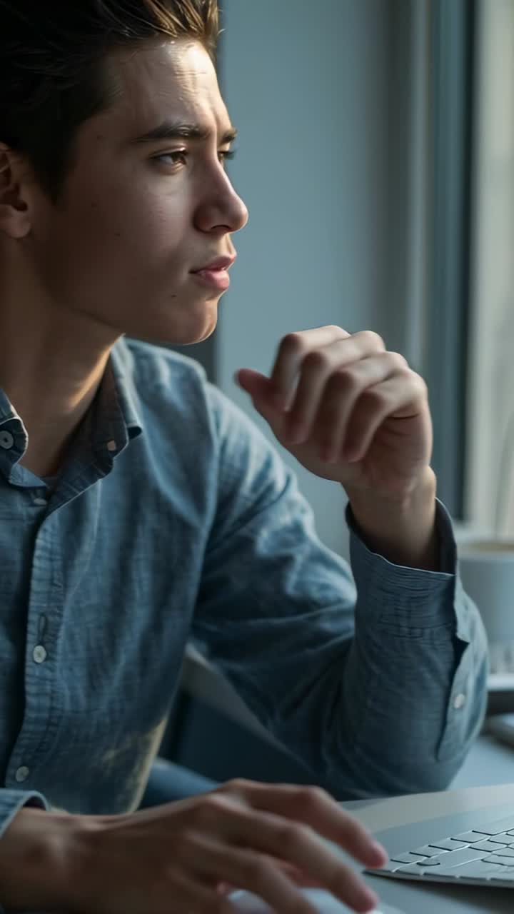 Video verticale: Uomo in camicia blu che, in pausa di riflessione, digita sulla tastiera accanto a una finestra, con una tazza.