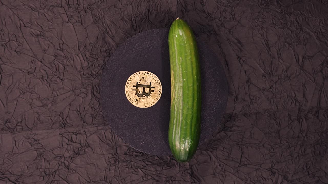 Unique combination of a cucumber and cryptocurrency token on textured background in a creative display