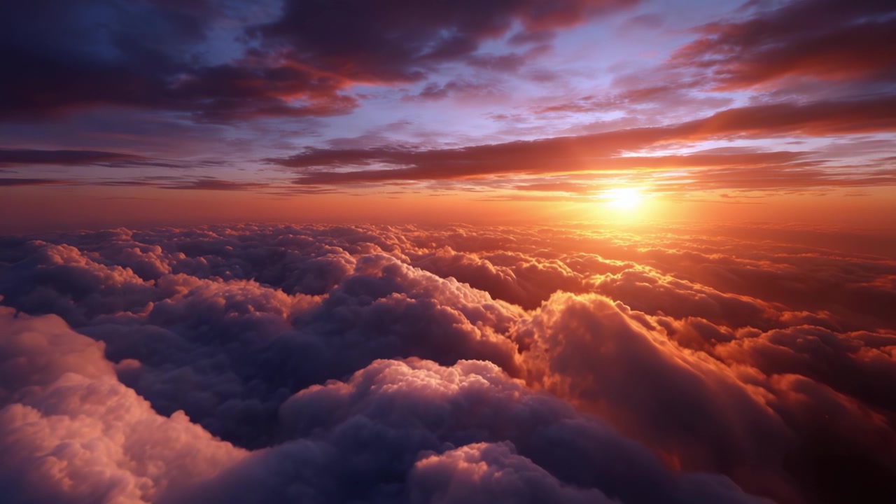 Vista Aérea de um Pôr do Sol Vibrante Sobre Nuvens Suaves, Capturando a Serenidade e a Beleza da Paleta Transformadora da Natureza no Céu