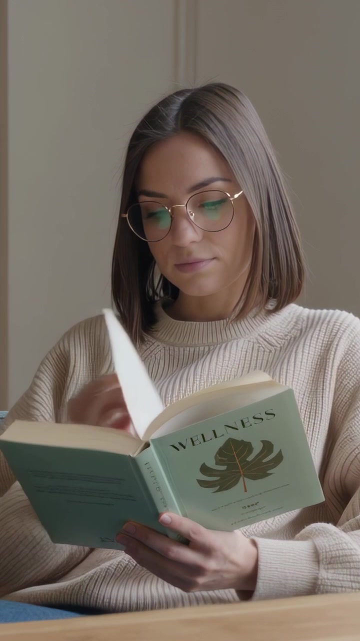 Vídeo vertical: Mulher olhando para baixo, folheando o livro "WELLNESS" em um sofá azul-petróleo, com suéter bege e óculos.