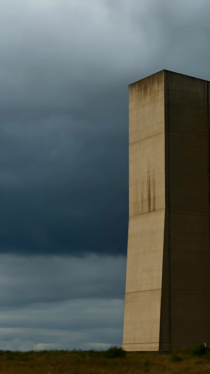Video vertical: Nubes en movimiento señalando tormenta mientras una torre se alza en la llanura derecha, espacio para texto.