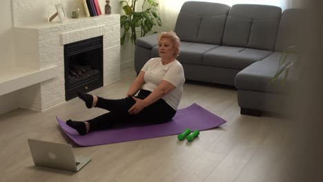 Domestic-Training.-Active-Senior-Woman-Making-Exersise-In-Front-Of-Laptop-At-Home,-Free-Space