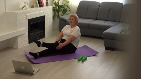 entrenamiento doméstico. mujer mayor activa haciendo ejercicio frente a la computadora portátil en casa, espacio libre