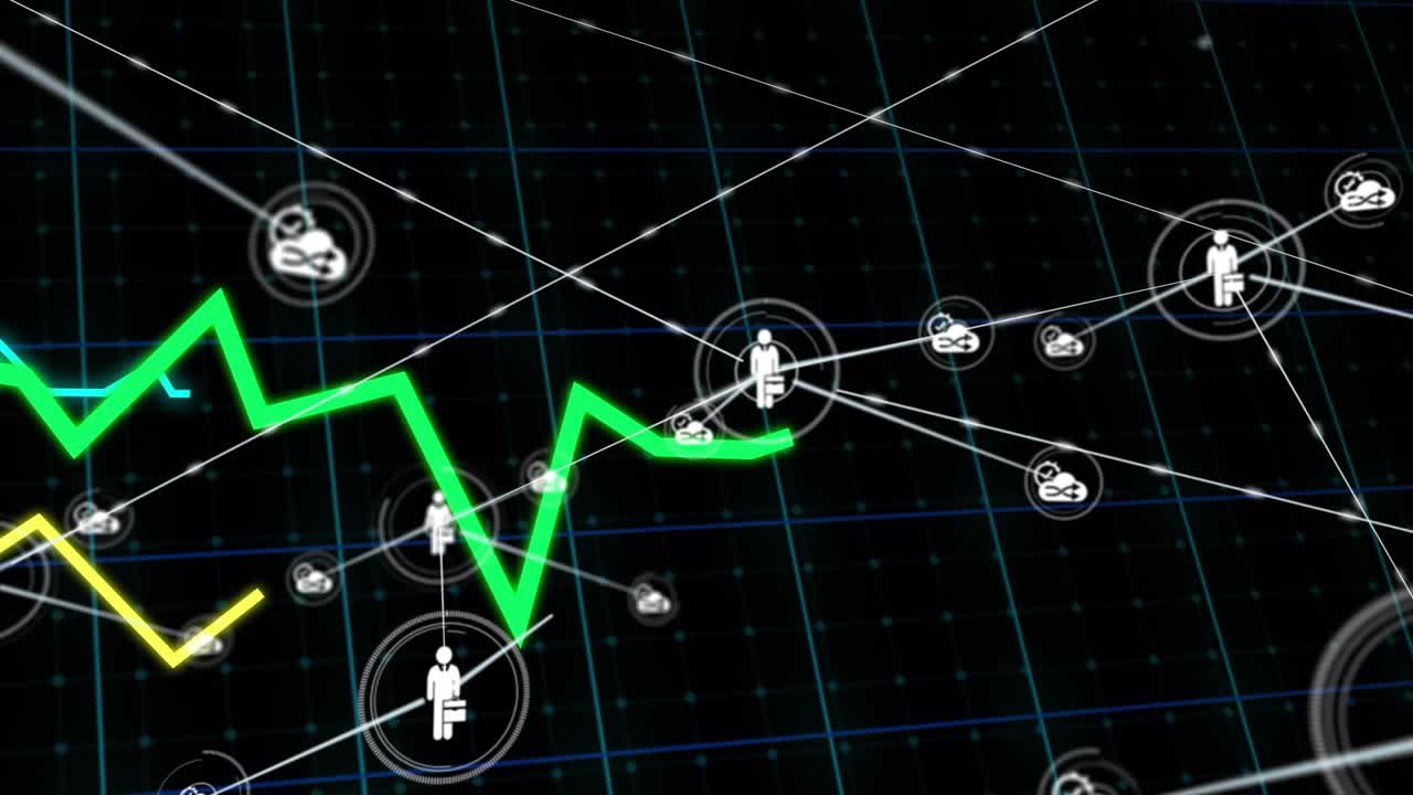 Grön trendlinje kommer in från vänster och initierar nodnätverkstillväxt, portföljikoner visas för affärer.