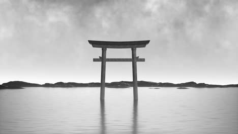 torii gate in a misty landscape