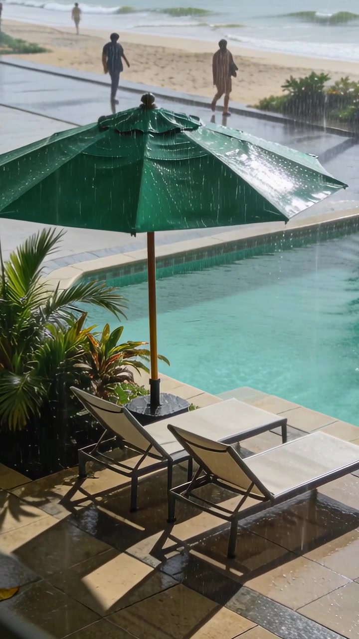 Vertical video: Falling rain hitting green umbrella and chairs at pool, adults walking in shorts