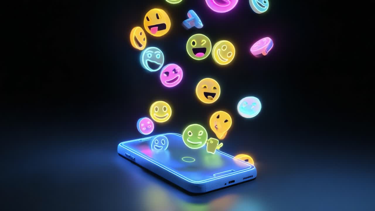 Un'esplosione vibrante di emoji colorate emana da uno smartphone, mostrando varie espressioni ed emozioni in un accattivante contenuto visivo su sfondo scuro