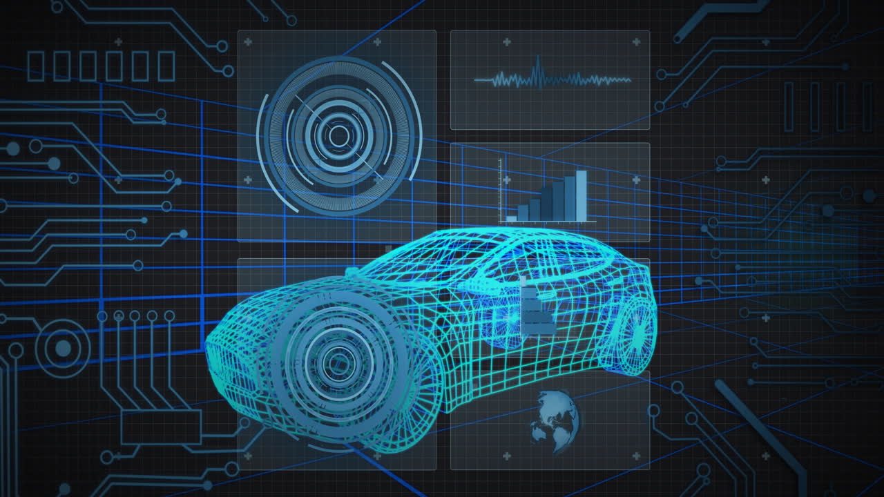 Neon?blue wireframe 3D car model floating on dark grid, with HUD graphics and glowing circuitry