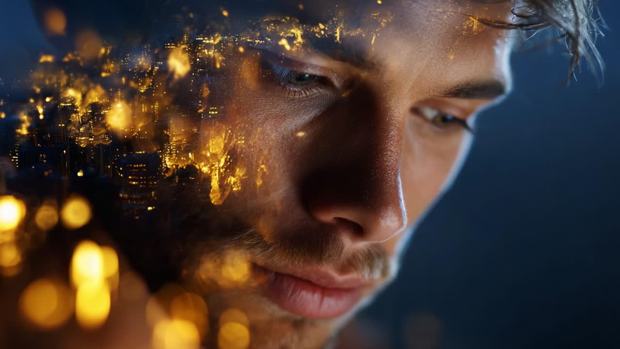 A Deep Reflection: Exploring Emotions Through the Lens of a Man's Introspective Moment Against a Dazzling Cityscape Filled with Radiant Lights and Shadows, Revealing the Complexity of Human Experience