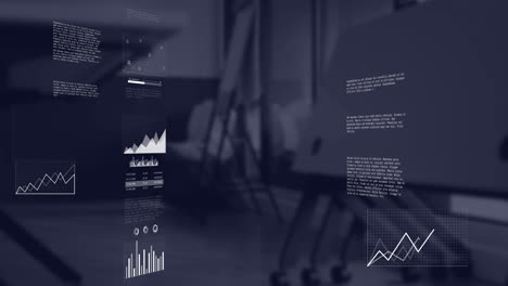 animation of multiple graphs, data, map, loading bar and circles over empty office