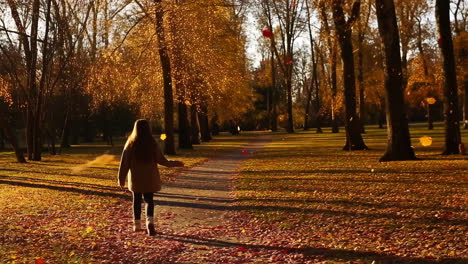 woman walking on a path in an autumn park with falling golden leaves