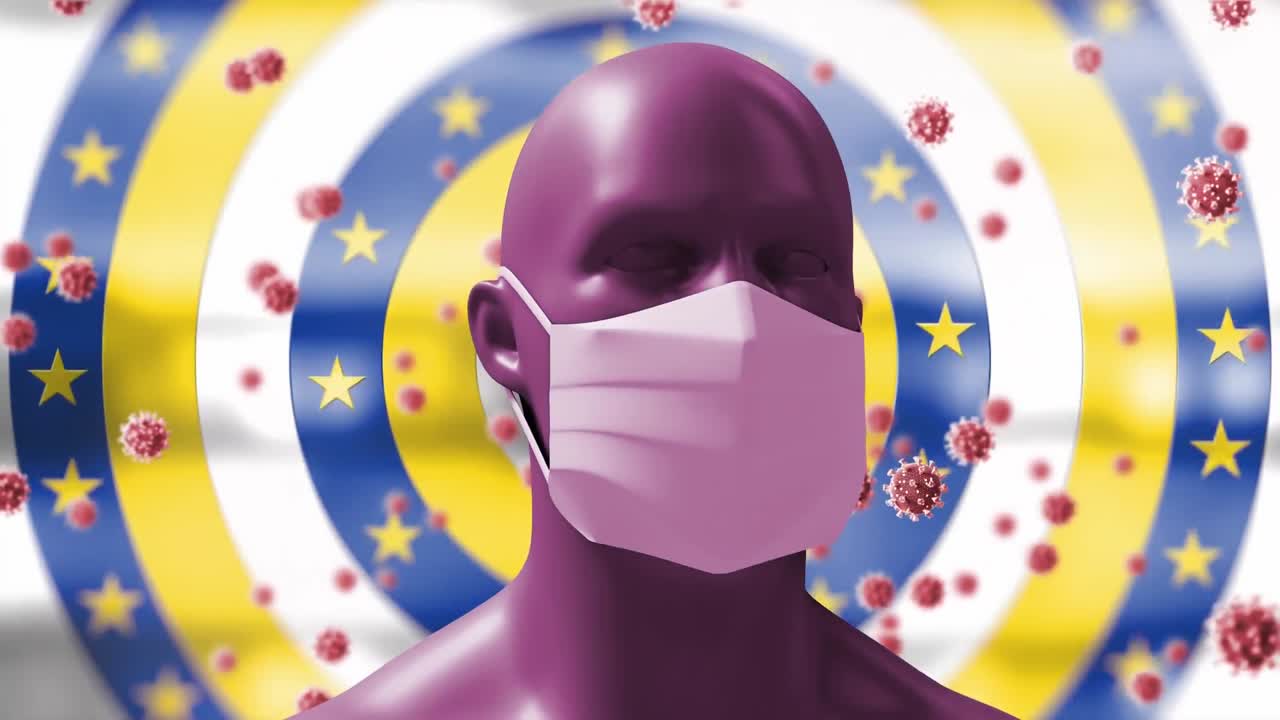 움직이는 파란 원과 코로나19에 대한 별과 얼굴 마스크를 가진 3d 인간 머리