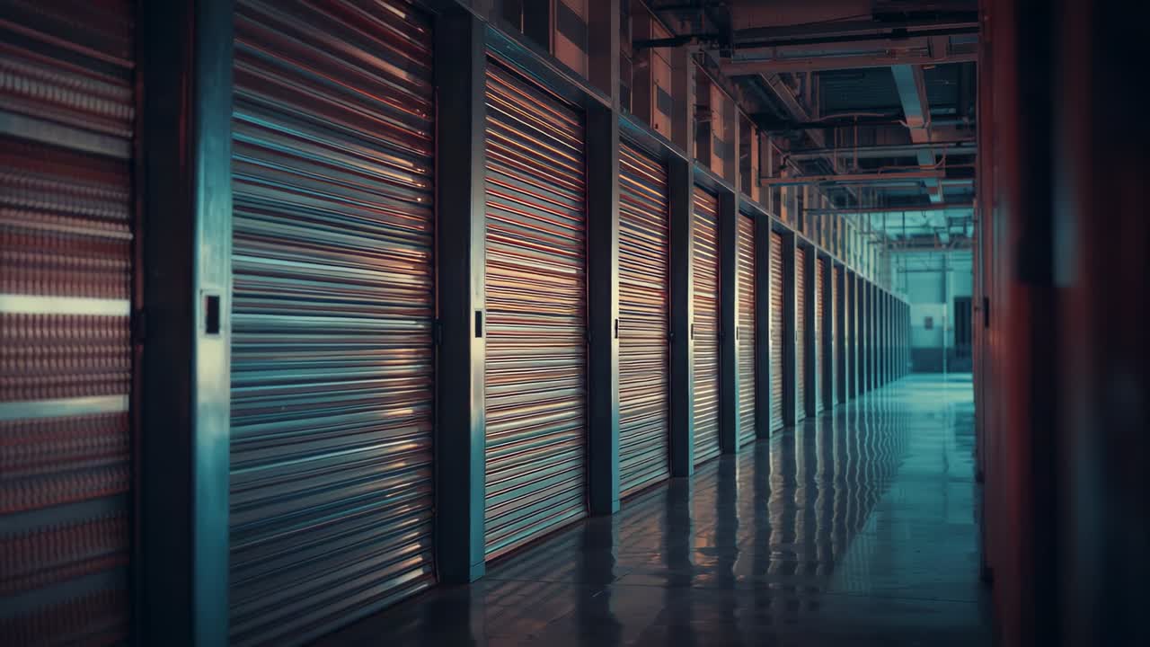 Camera panning row of metal roll-up shutters in warehouse corridor, with exposed ceiling pipes