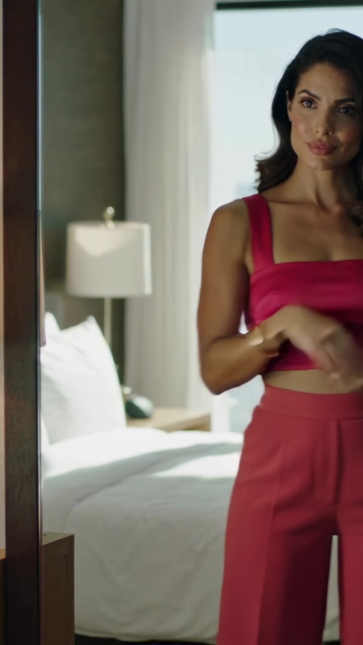 Video verticale: Donna che entra nell'inquadratura, indossa un completo rosa e sistema l'outfit davanti allo specchio in una camera d'albergo