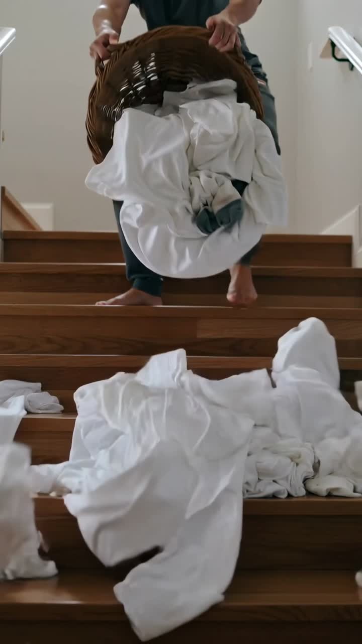 Vertical video: Tipping man in grey tee emptying wicker basket at home stairs sheets socks falling