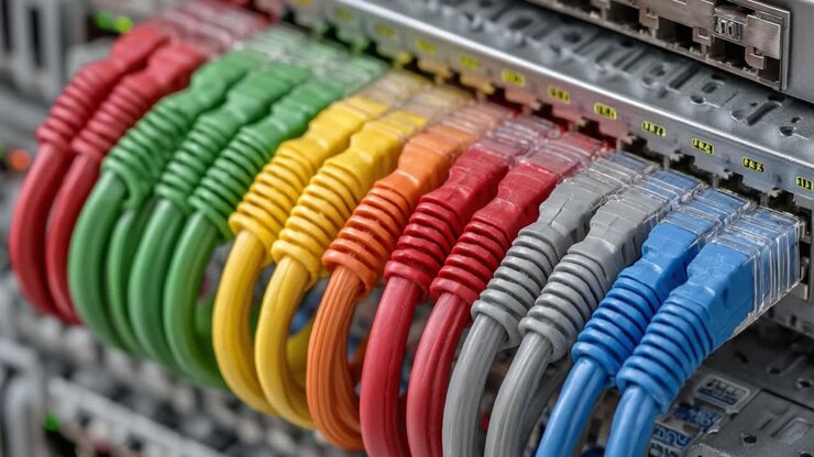 A Close-Up View of a Network Switch Featuring Color-Coded Ethernet Cables in Various Shades, Highlighting Organization and Connectivity in Networking Infrastructure