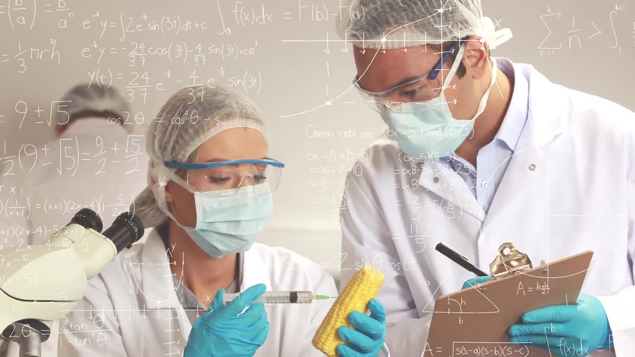 animación de ecuaciones matemáticas sobre científicos caucásicos tomando notas