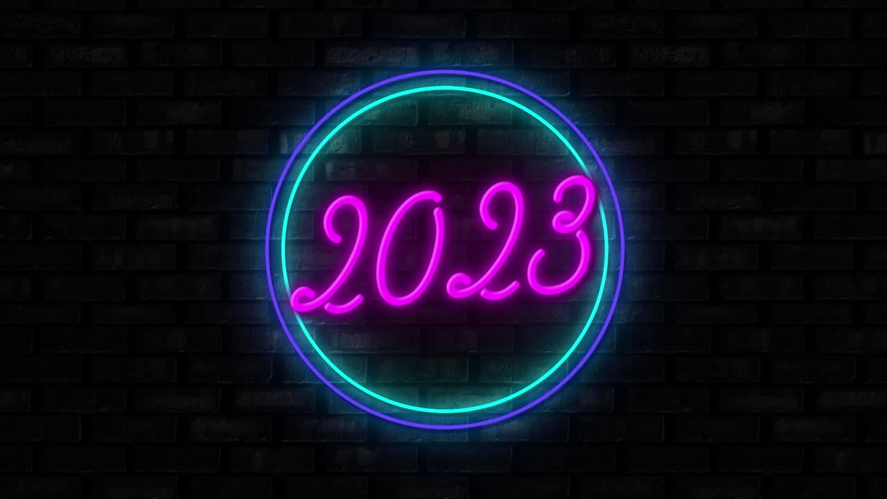Animazione del testo "2023" su cerchi al neon