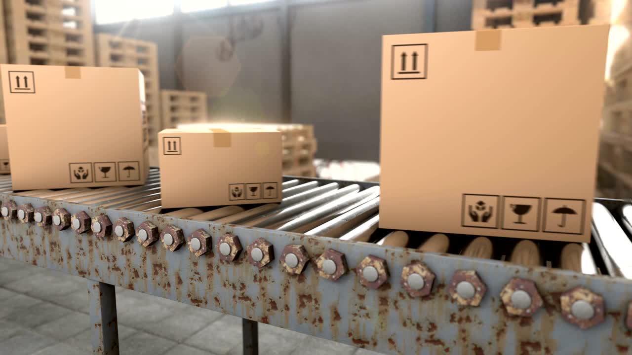 물류 창고: 포장품이 들어있는 카드보드 상자를 보관하는 부드러운 루프