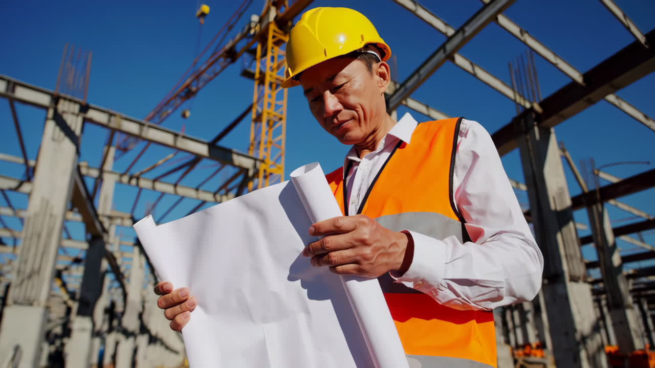 Construction Engineer Reviewing Plans on a Building Site