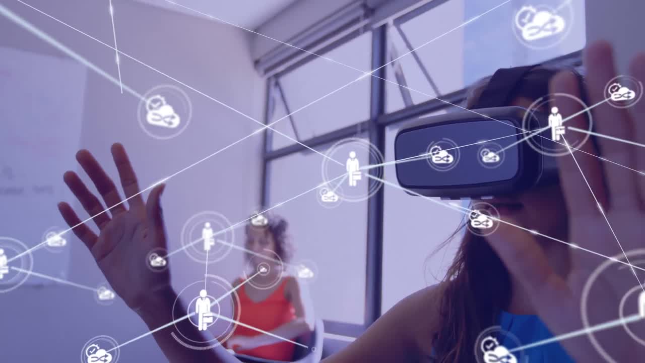 animación de la red de conexiones con iconos sobre diversas personas de negocios que usan auriculares vr