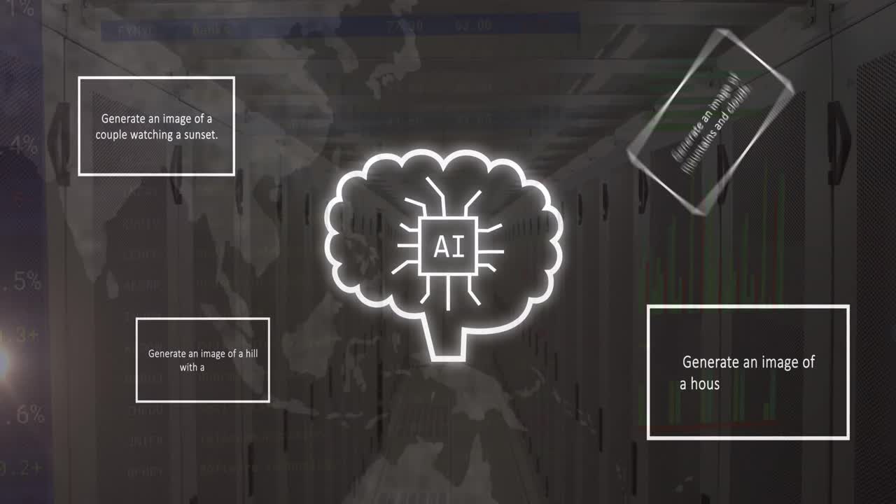 Animation of ai icons and data processing over computer servers