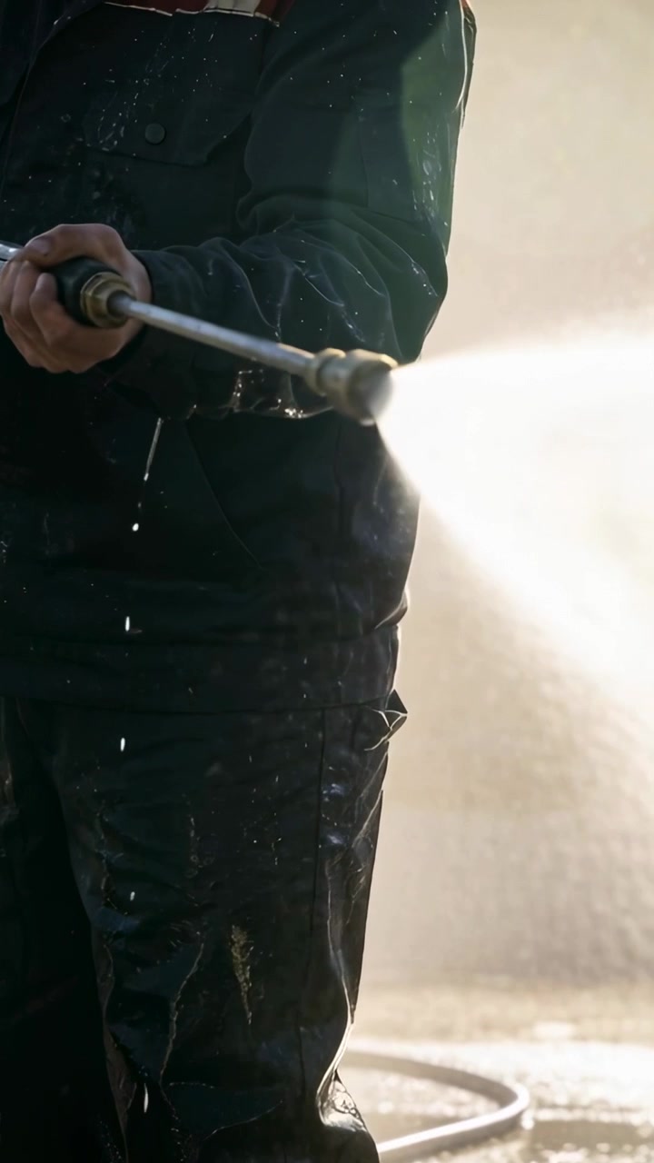Video vertical: Cambiando el agarre, alcanzando la lanza de presión, trabajador con traje de neopreno limpiando el patio, manguera