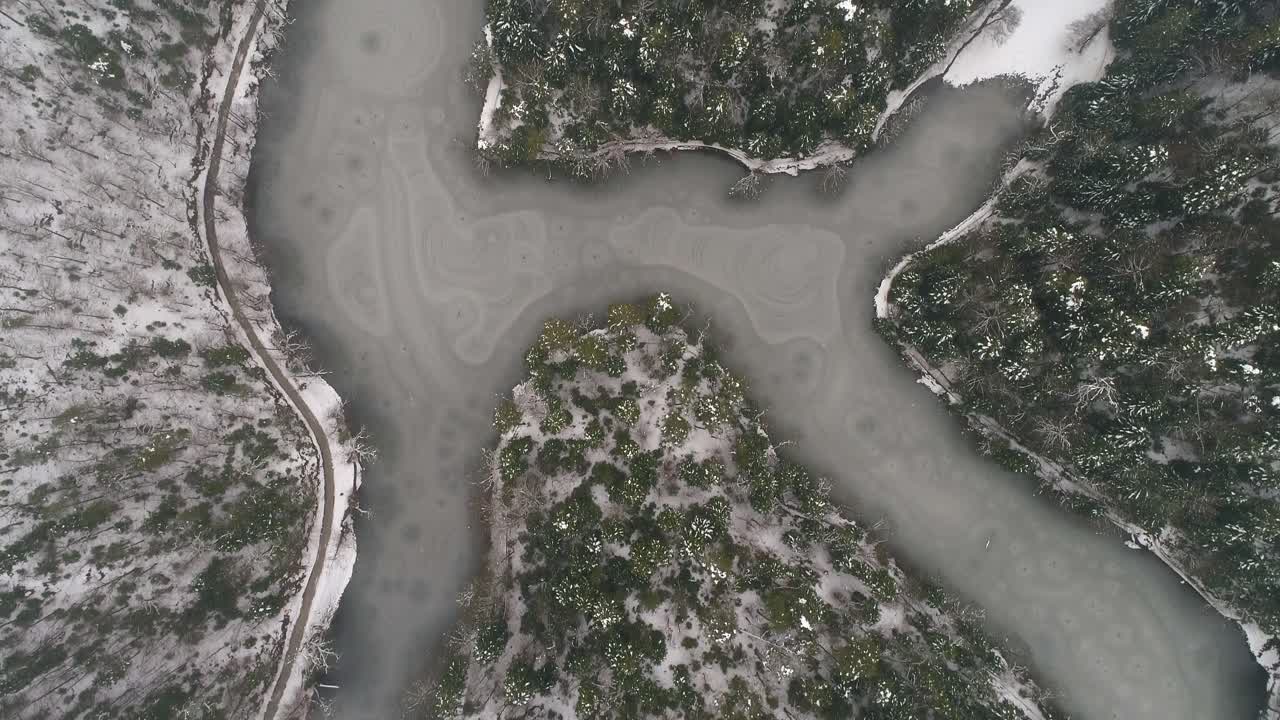 снимок с воздуха замерзшего озера в окружении леса зимой