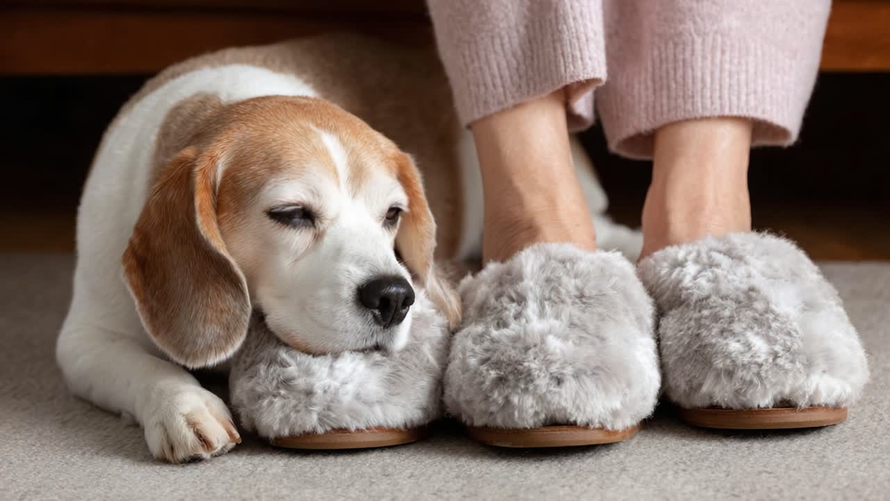A Cozy Moment: A Beagle Comfortably Resting on Fluffy Slippers with a Person's Feet in Soft, Warm Atmosphere