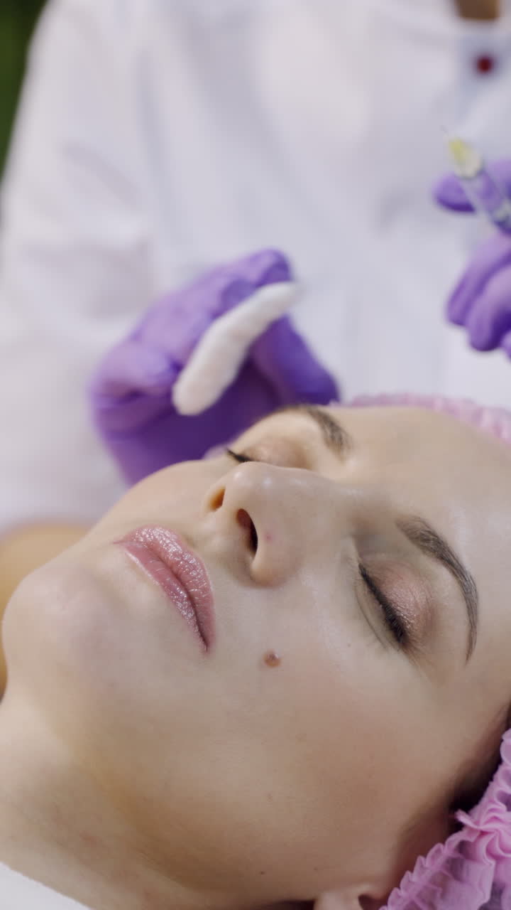 A beautiful woman is lying on a couch with at the cosmetologist on a mesotherapy procedure in the cosmetology. Close-up Vertical video