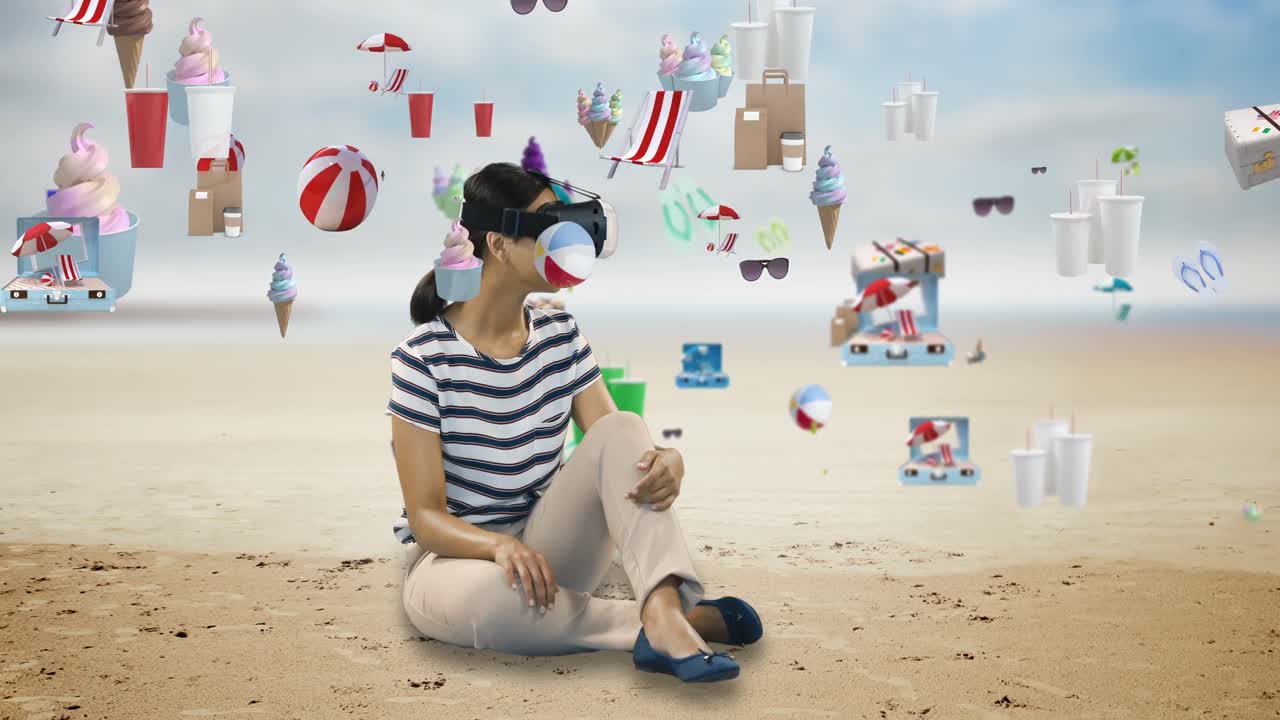 디지털로 생성된 디저트 아이콘 4k와 함께 가상 현실 헤드 ⁇ 을 사용하는 여성