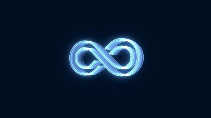 Simbolo dell'infinito blu luminoso che ruota su uno sfondo scuro