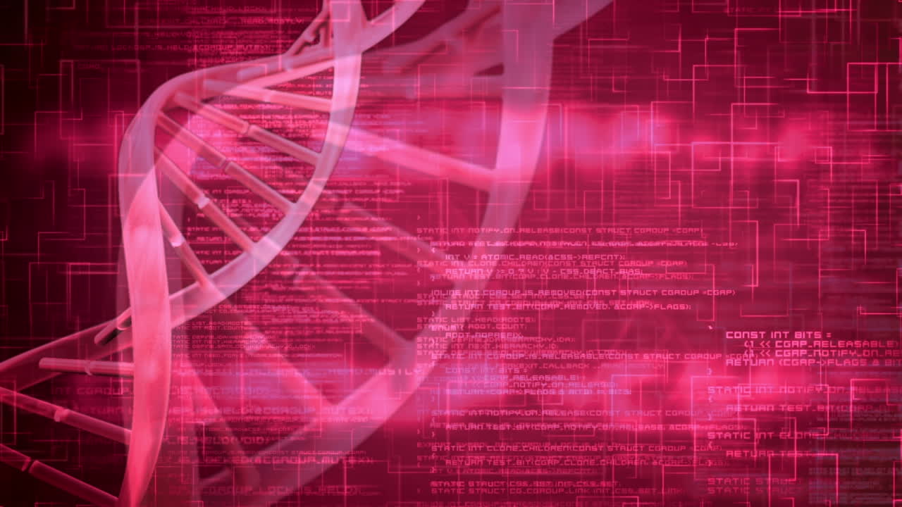 Animation of dna helix rotating over programming language over moving in loop