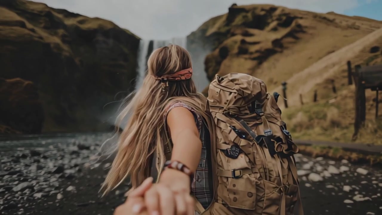 Rear view of a woman traveler holding a companion’s hand while hiking toward a powerful waterfall in a rugged mountain valley, outdoor adventure and exploration concept