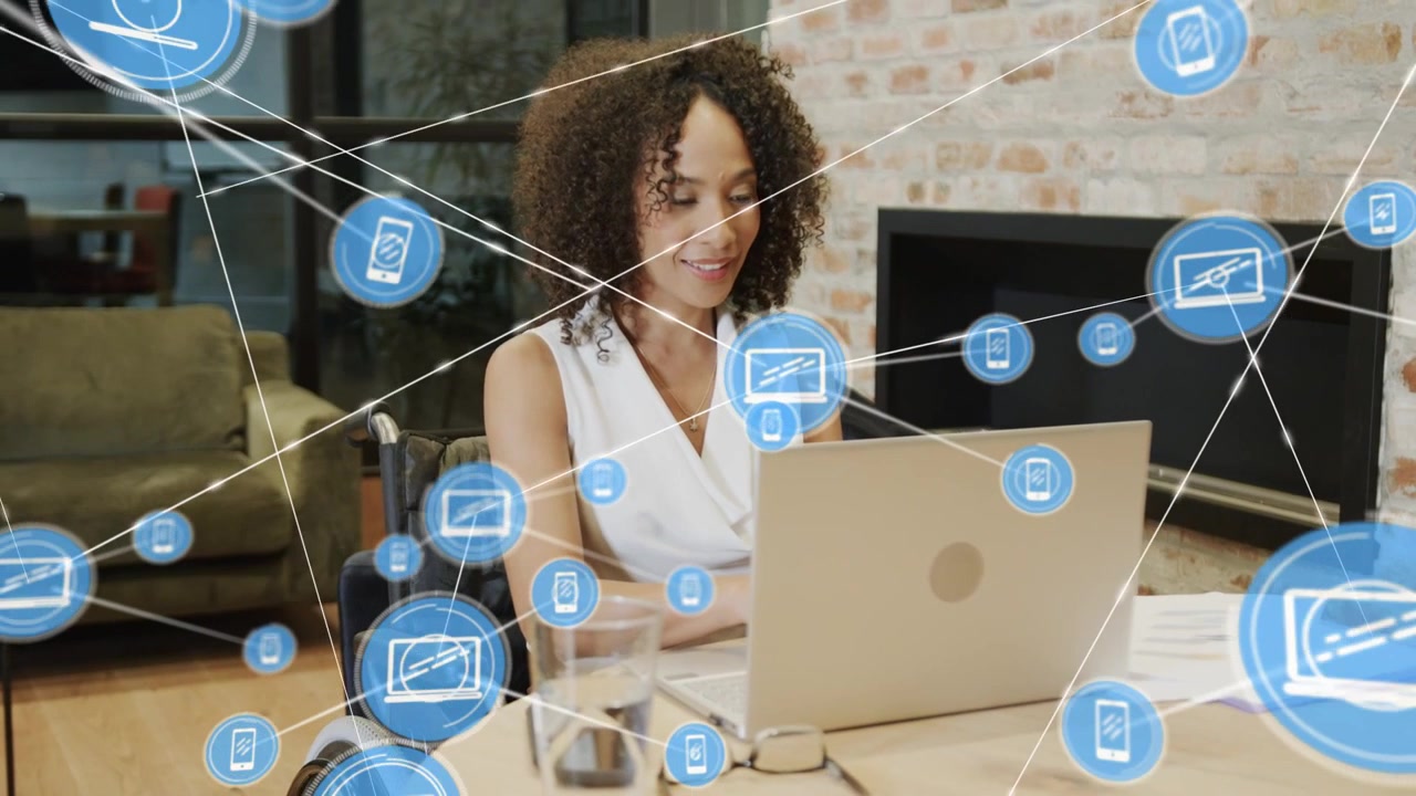 Woman typing on laptop in chair, starting blue tech icons expanding network overlay showing links
