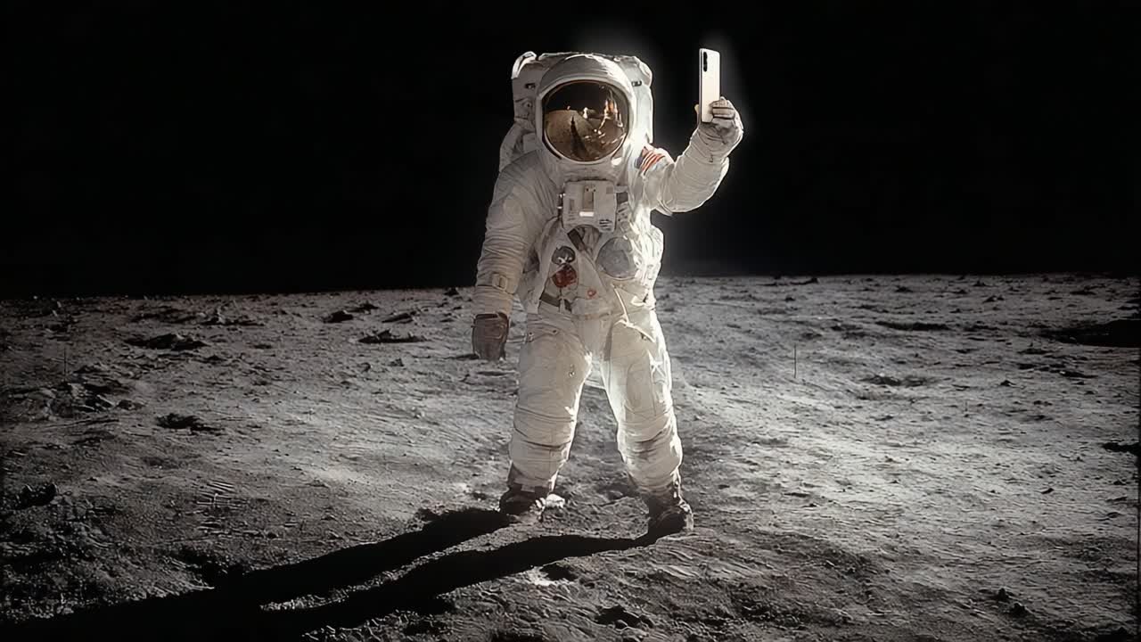 An astronaut stands on the lunar surface, capturing a moment on a smartphone, showcasing the intersection of space exploration and modern technology in a historic setting